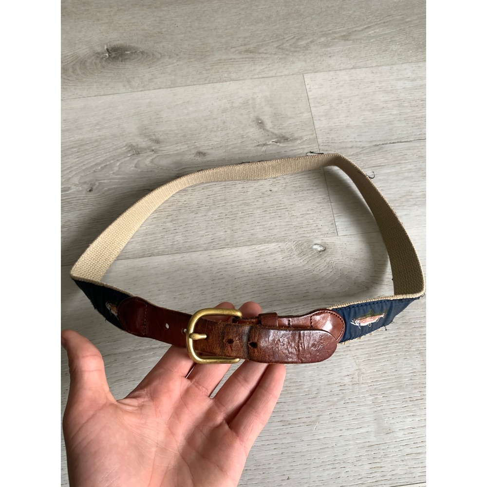 World Wide Sportsman Leather Man Ltd Trout Fish Canvas Belt Mens 34‎ Brown Navy